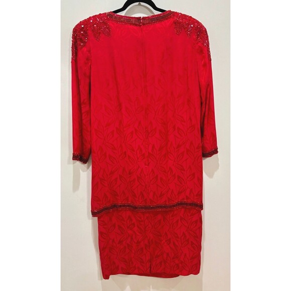 Vintage D'ore Silk Red Beaded Dress 14 Drop Waist Holidays Mature MoTB Cocktails - Picture 7 of 13
